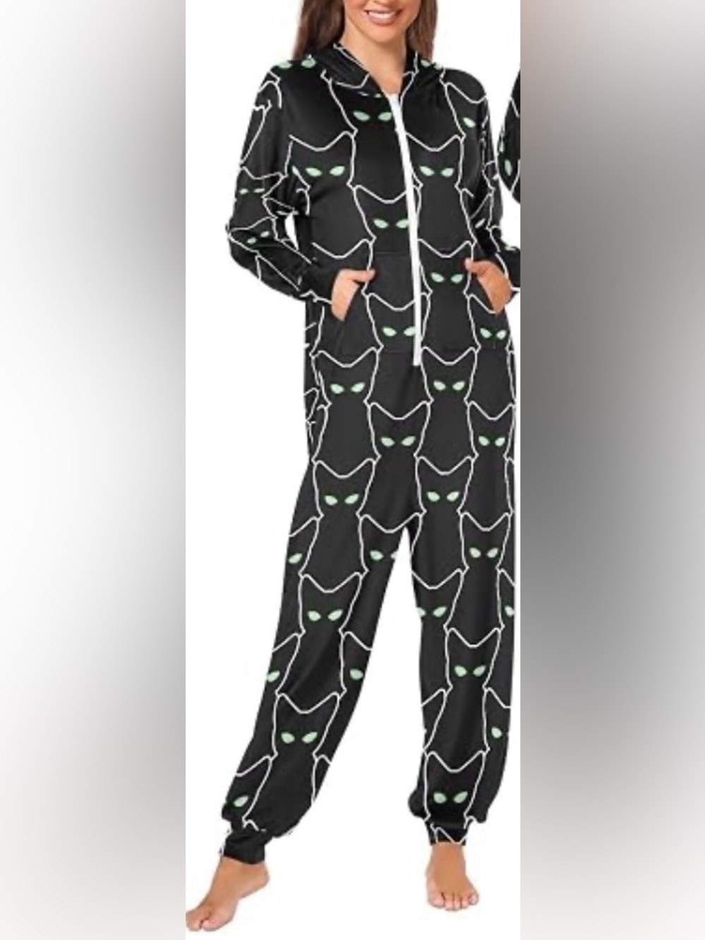 FEIFEIYU Cool Cat one-piece plush zip up pajama green eyes graphic NEW size S